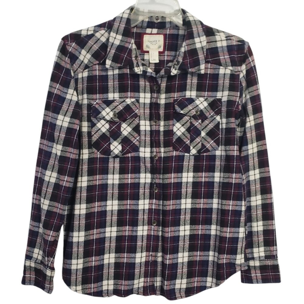 Red Blue White Plaid Womens Flannel Button Down Shirt Small Long Sleeve Cotton